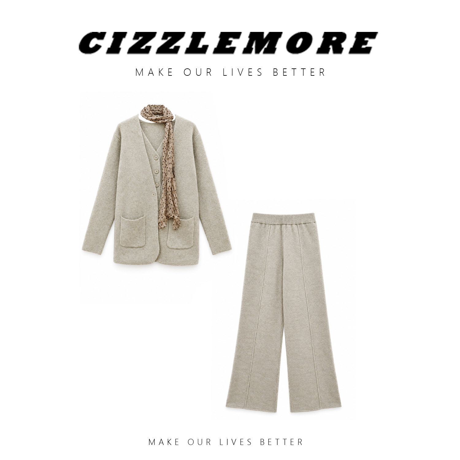 CIZZLEMORE【午后茶】气质单排扣马甲针织西装版外套休闲长裤套装