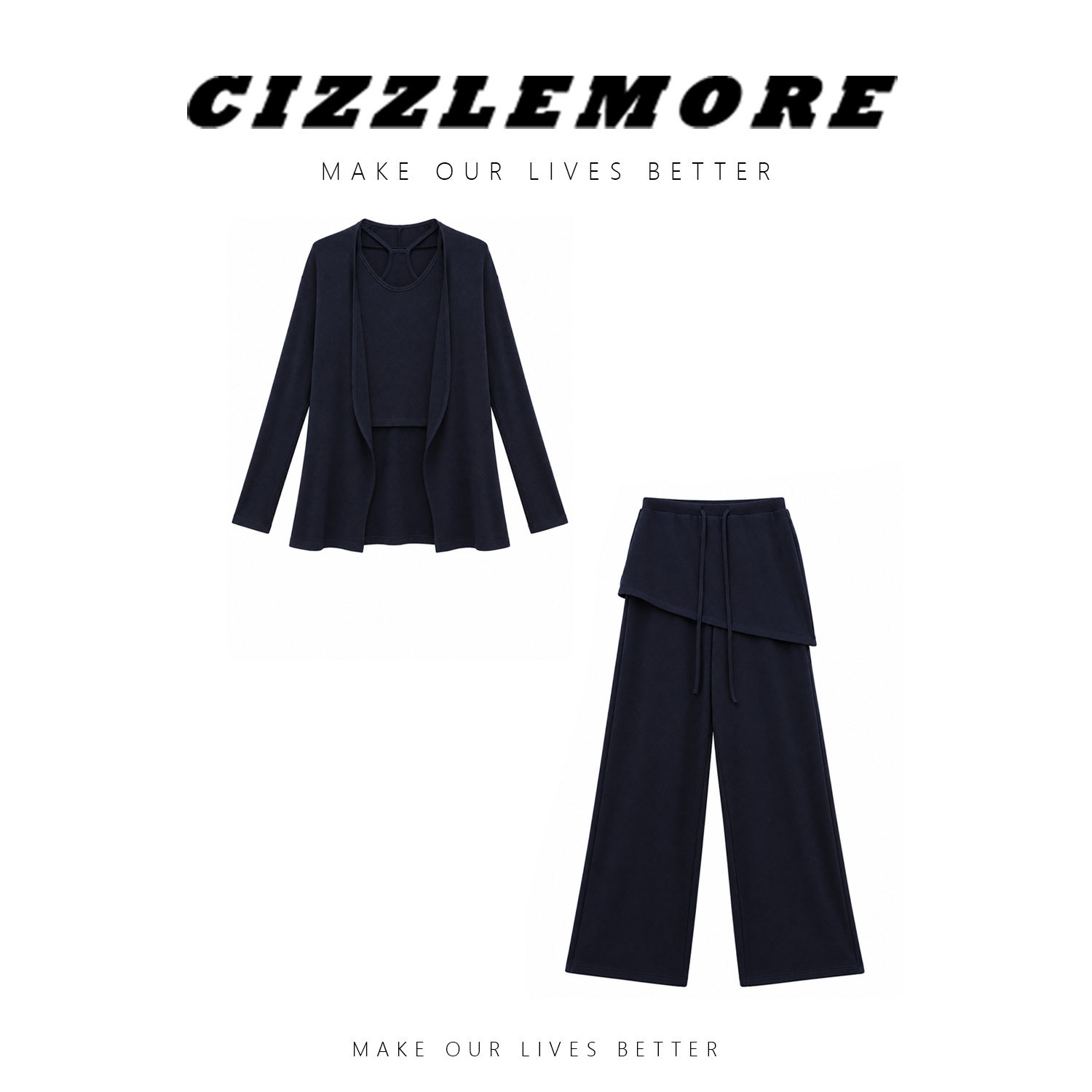 CIZZLEMORE【淡人高知】气质宽松遮肉显瘦长袖开衫背心长裤三件套