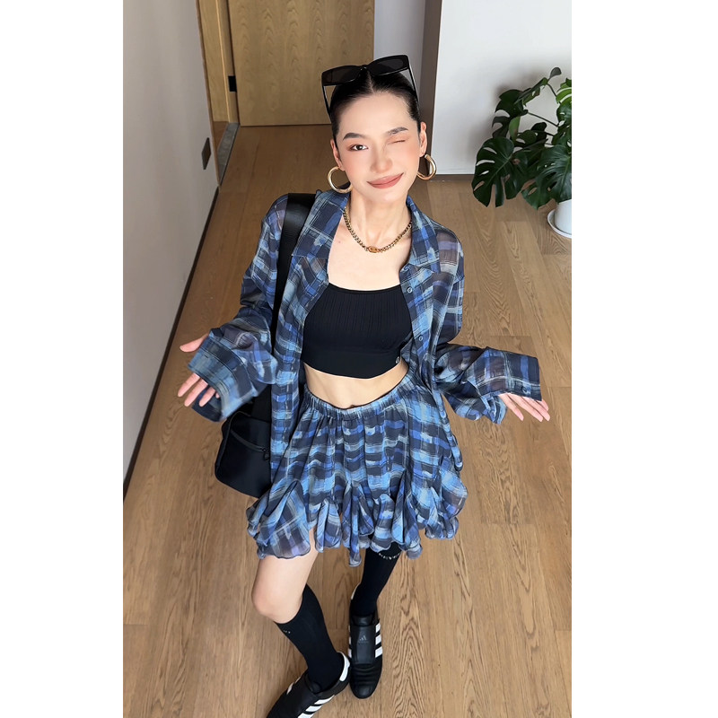 CIZZLEMORE 海盐栀子 慵懒松弛格纹空气半透长袖衬衫半身裙两件套