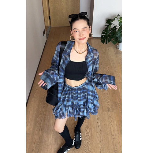CIZZLEMORE 海盐栀子 慵懒松弛格纹空气半透长袖衬衫半身裙两件套