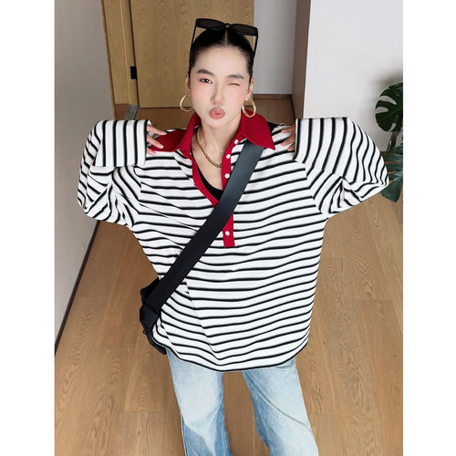 CIZZLEMORE【打破条框】经典条纹百搭宽松慵懒POLO领长袖卫衣女