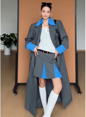 CIZZLEMORE【鹊桥仙】撞色枪驳领西装长款外套女＋撞色工字褶短裙