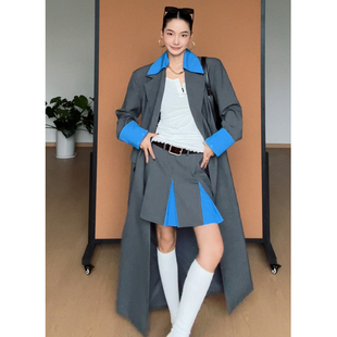 CIZZLEMORE【鹊桥仙】撞色枪驳领西装长款外套女+撞色工字褶短裙