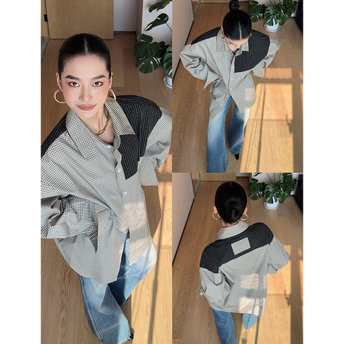 CIZZLEMORE 时尚拼接格纹衬衣舒适透气设计感小众纯棉长袖衬衫女