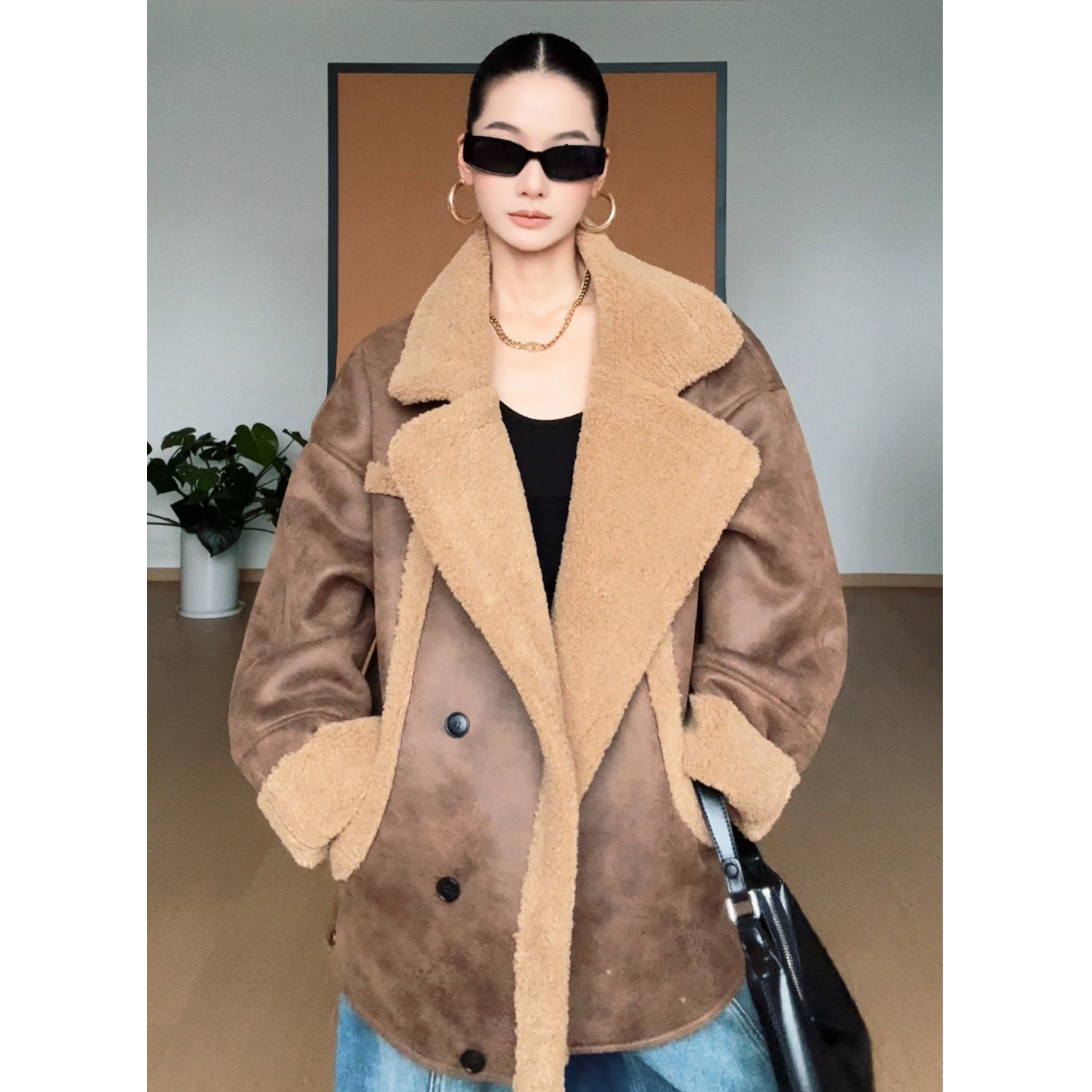 CIZZLEMORE【时髦御寒】美拉德加厚皮毛一体羊羔毛外套机车服大衣