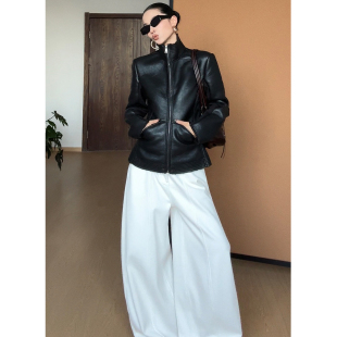 CIZZLEMORE 设计高级感收腰毛拼接皮夹克立领皮衣外套 幸运之星