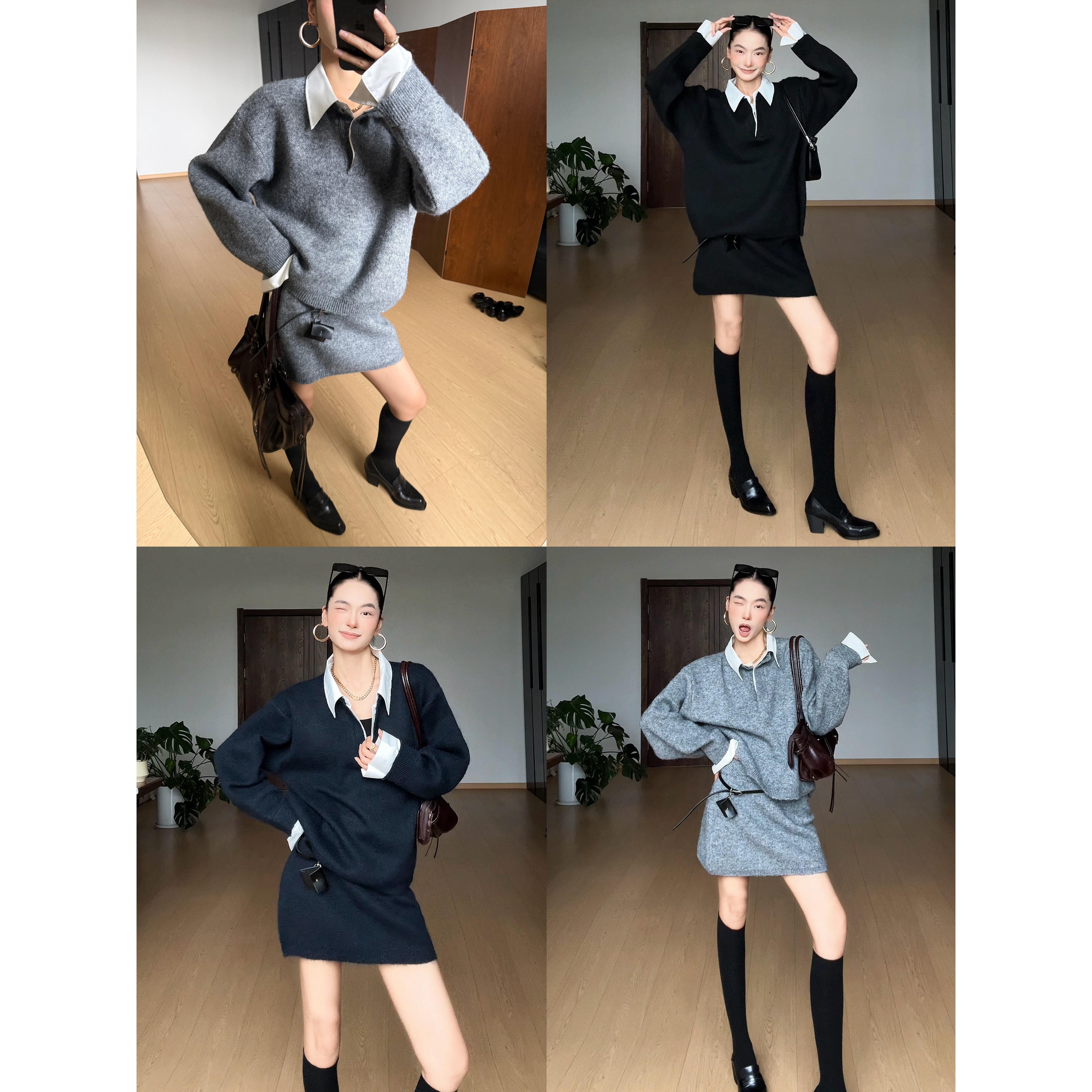CIZZLEMORE【专辑】韩设计感拼接衬衫领针织休闲上衣气质短裙套装