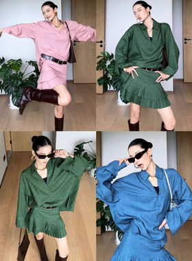 CIZZLEMORE【呼吸感】松弛时髦翻V领廓形衬衫＋A摆压褶半裙套装