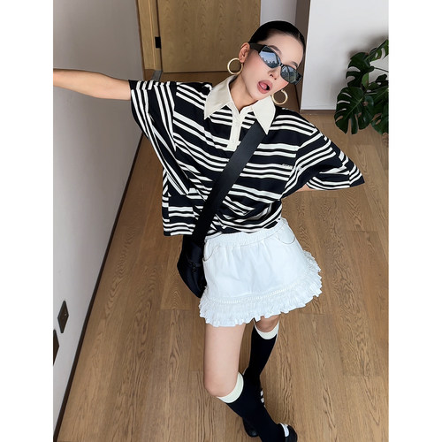 CIZZLEMORE【黑白条纹】T恤女新款设计感慵懒休闲宽松polo领上衣
