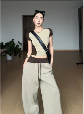 CIZZLEMORE【棕调闲夏】松弛复古撞色拼接显瘦短袖休闲阔腿裤套装