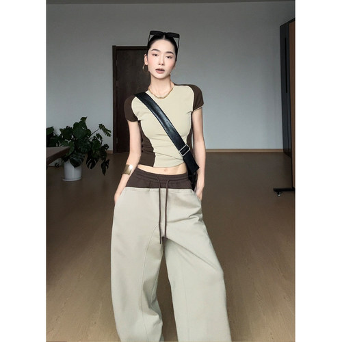 CIZZLEMORE【棕调闲夏】松弛复古撞色拼接显瘦短袖休闲阔腿裤套装