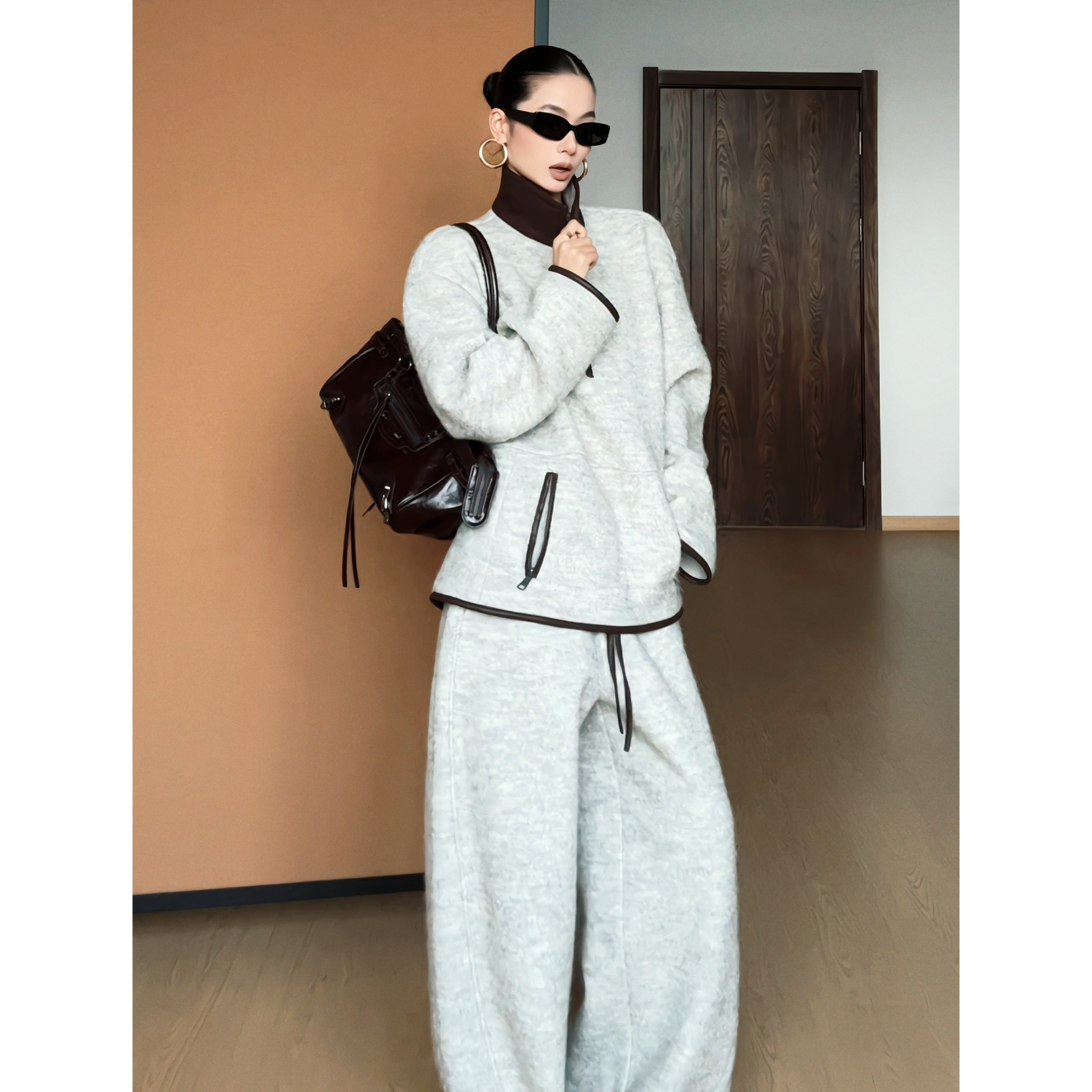 CIZZLEMORE【曼城前夕】羊毛圈圈绒立领拼皮高级感休闲阔腿裤套装