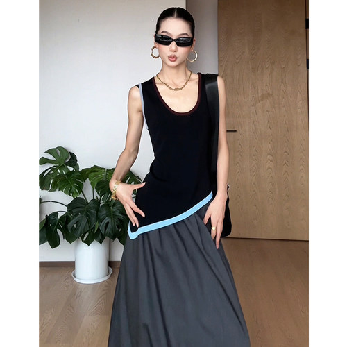 CIZZLEMORE 设计感撞色马甲时尚无袖针织背心女修身显瘦百搭上衣