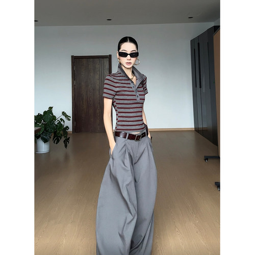 CIZZLEMORE【灰红织梦】美式复古条纹Polo针织短袖上衣灰色垂感裤