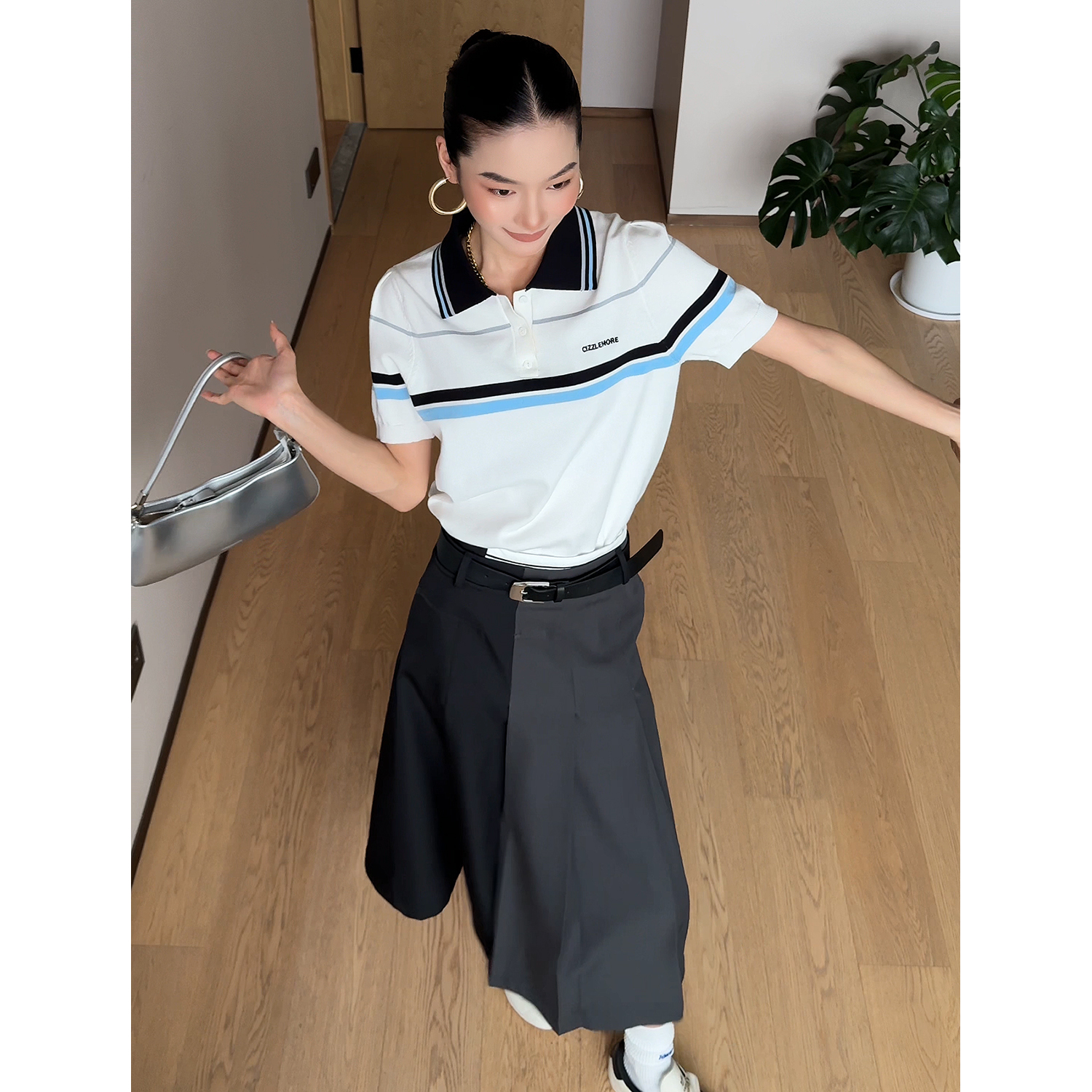 CIZZLEMORE【学院日记】学院风polo衫t恤米白色短袖miu系泡泡上衣