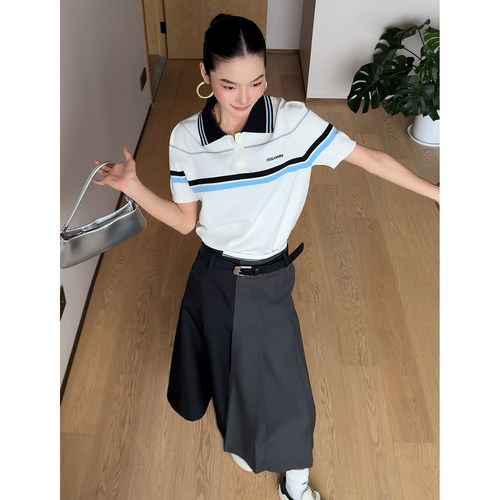 CIZZLEMORE【学院日记】学院风polo衫t恤米白色短袖miu系泡泡上衣