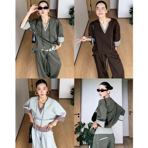 CIZZLEMORE 新野之风~设计款别致中袖V领卫衣＋廓形宽松显瘦卫裤