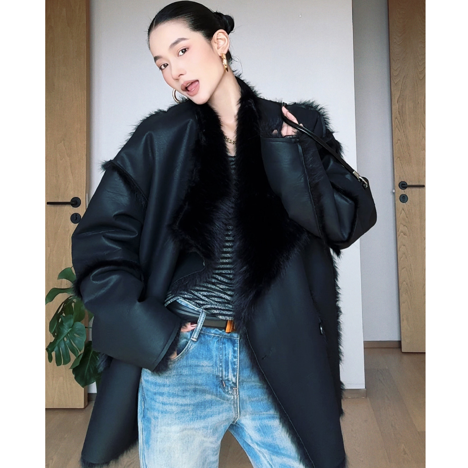 CIZZLEMORE【移调曲】高级大气黑色加厚加毛中长款皮毛一体外套