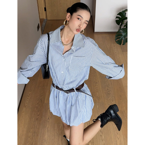 CIZZLEMORE【呼吸blouse】白蓝条纹色假两件收腰显瘦衬衫连衣裙