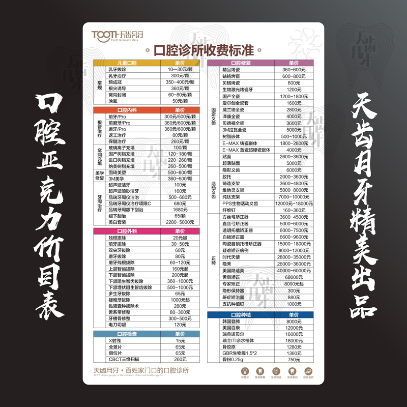 口腔价目表牙科价目表口腔诊所医院价目表收费标准亚克力定制设计