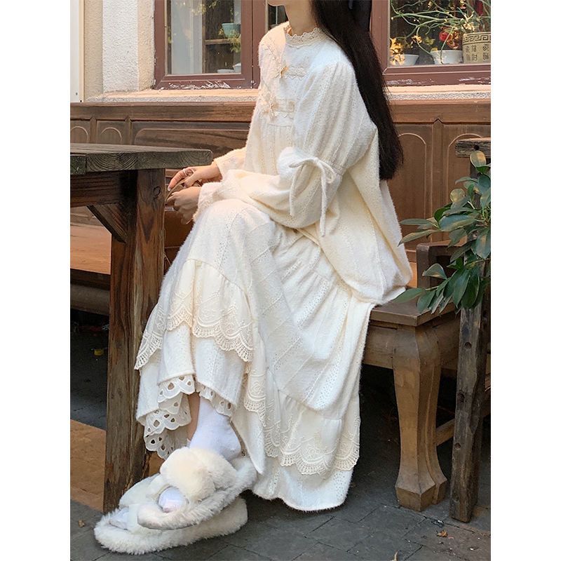 森女毛呢半裙杏色蛋糕裙半身裙女秋冬蕾丝宽松上衣长裙子套装春秋