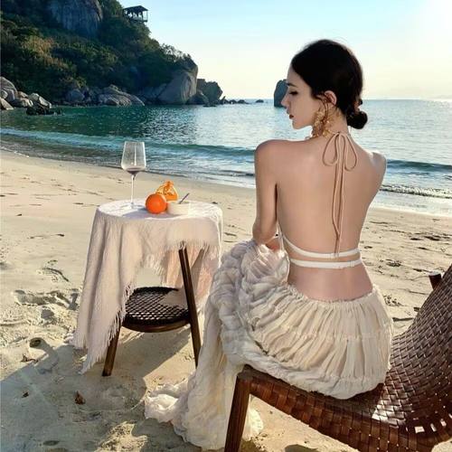 三亚海边度假裙套装性感纯欲蕾丝露背吊带+微透长款半身裙沙滩裙