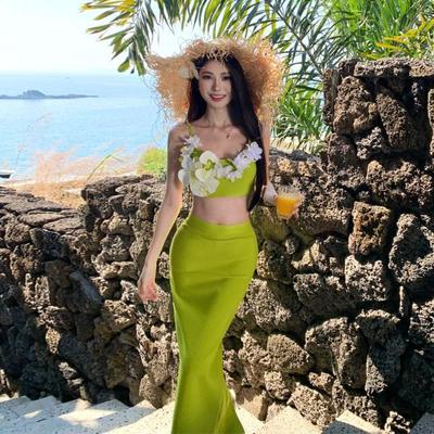 泰国小众绿色立体花朵吊带包臀半身裙两件套海边度假风辣妹穿搭