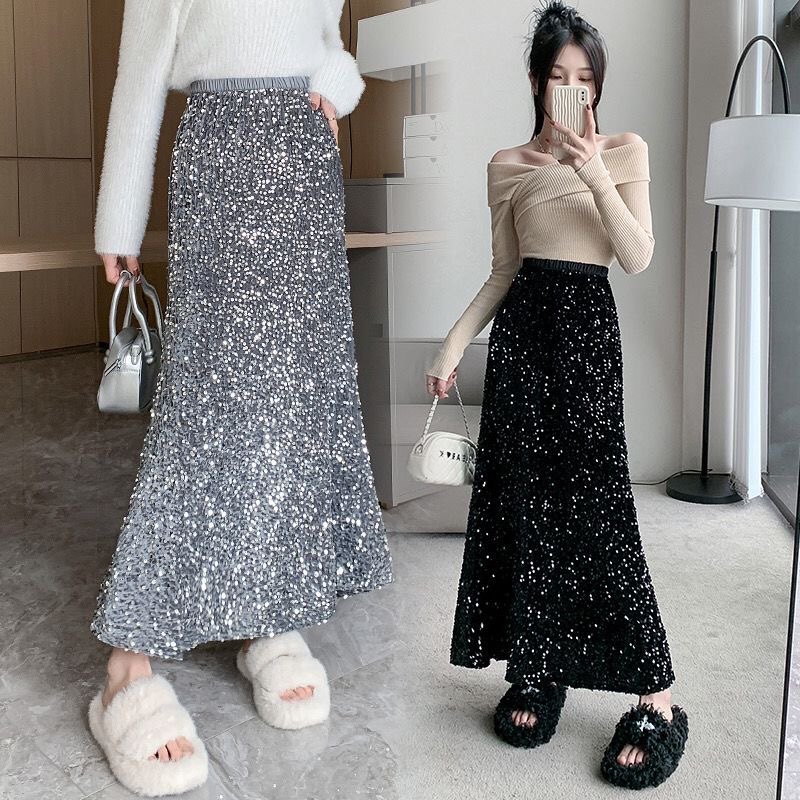 黑色松紧腰亮片丝绒鱼尾裙半身裙女秋中长款显瘦气质长裙a字半裙,女装/女士精品,半身裙,淘宝优惠券,粉丝福利购,淘宝优惠卷
