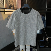 百搭半袖 轻奢重磅280g黑白鳞条纹圆领短袖 ins潮流小绣标男士 T恤男