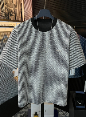 轻奢重磅280g黑白鳞条纹圆领短袖ins潮流小绣标男士百搭半袖T恤男