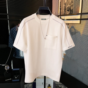 ins潮流休闲百搭韩版 原创圆领短袖 拼接透气T恤男宽松 个性 轻奢夏季