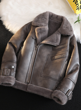 男士重工皮毛一体外套冬季保暖麂皮机车服羊羔毛棉服加厚夹克男装
