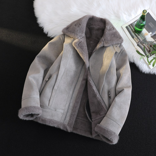 25冬装麂皮绒加厚外套男皮毛一体夹克宽松加绒机车服皮衣大码时尚