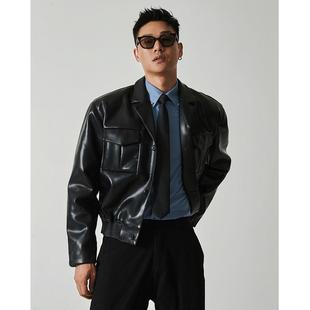 皮衣高级感痞帅机车夹克外套男上衣潮流 工装 2025春秋新款 翻领短款