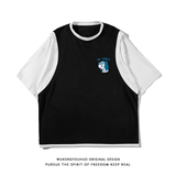 ！2024春季潮流个性印花全棉百搭假两件短袖T恤T500P35控48，男装T恤，电商A247-1