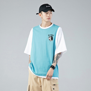 ！2024春季潮流个性印花全棉宽松假两件短袖T恤 T500 P35控48,男装T恤,电商A247-1