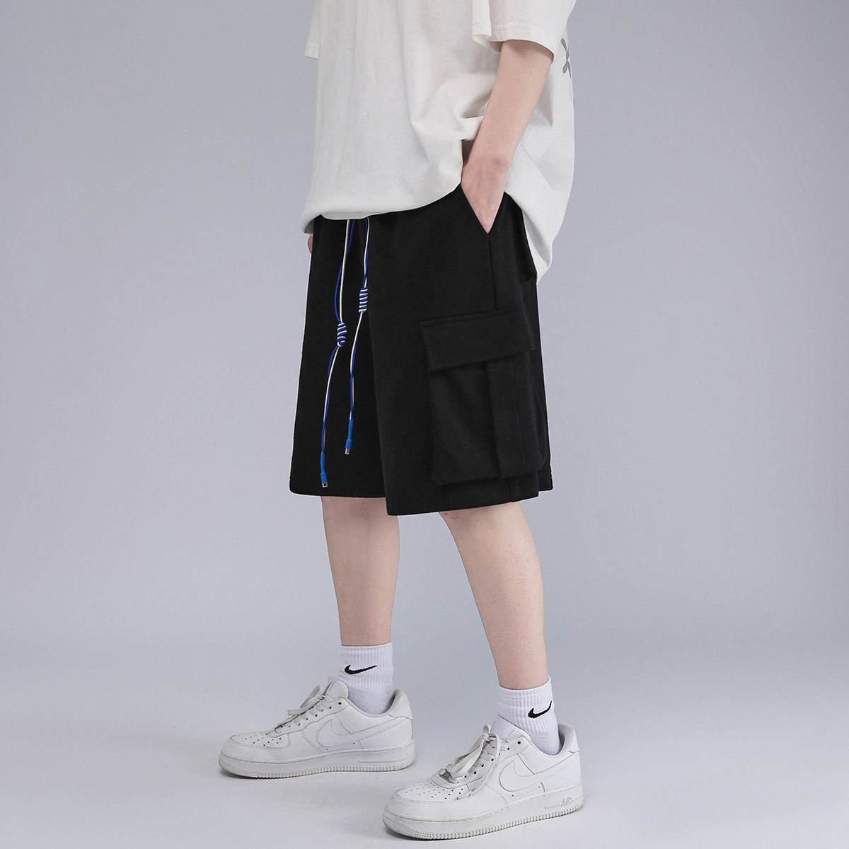 白底夏季潮流ins运动百搭多口袋抽绳五分休闲裤A90P45,男装休闲裤,电商A247-1