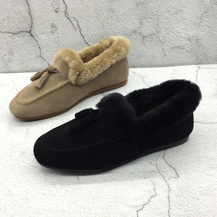 圆头流苏羊毛保暖平底单鞋 品牌撤柜2019秋季 处理真皮女鞋 断码 新款