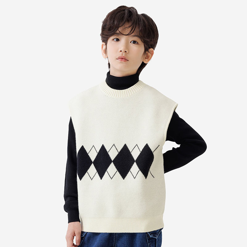纯一良品童装小圆领白色毛背心男童针织马甲 菱格无袖学院毛衣8岁