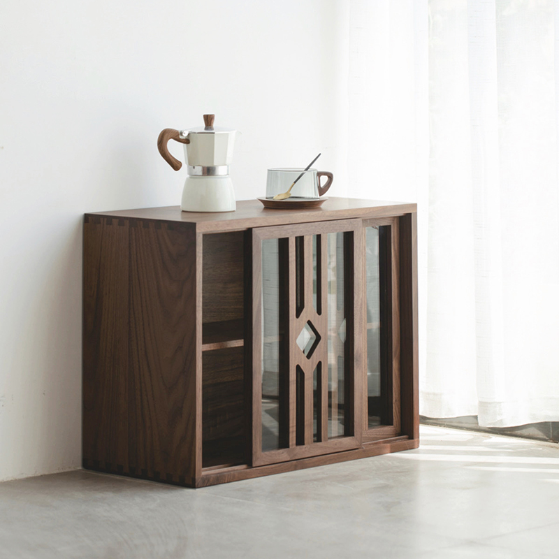 黑胡桃木收纳柜木制复古中古风格玻璃推拉门茶空间日式书房小柜子