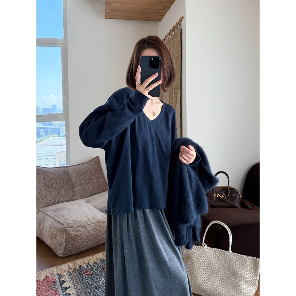 【唐悠悠mgdm】磨毛v领长袖女宽松打底衫纯色百搭T恤上衣女秋冬