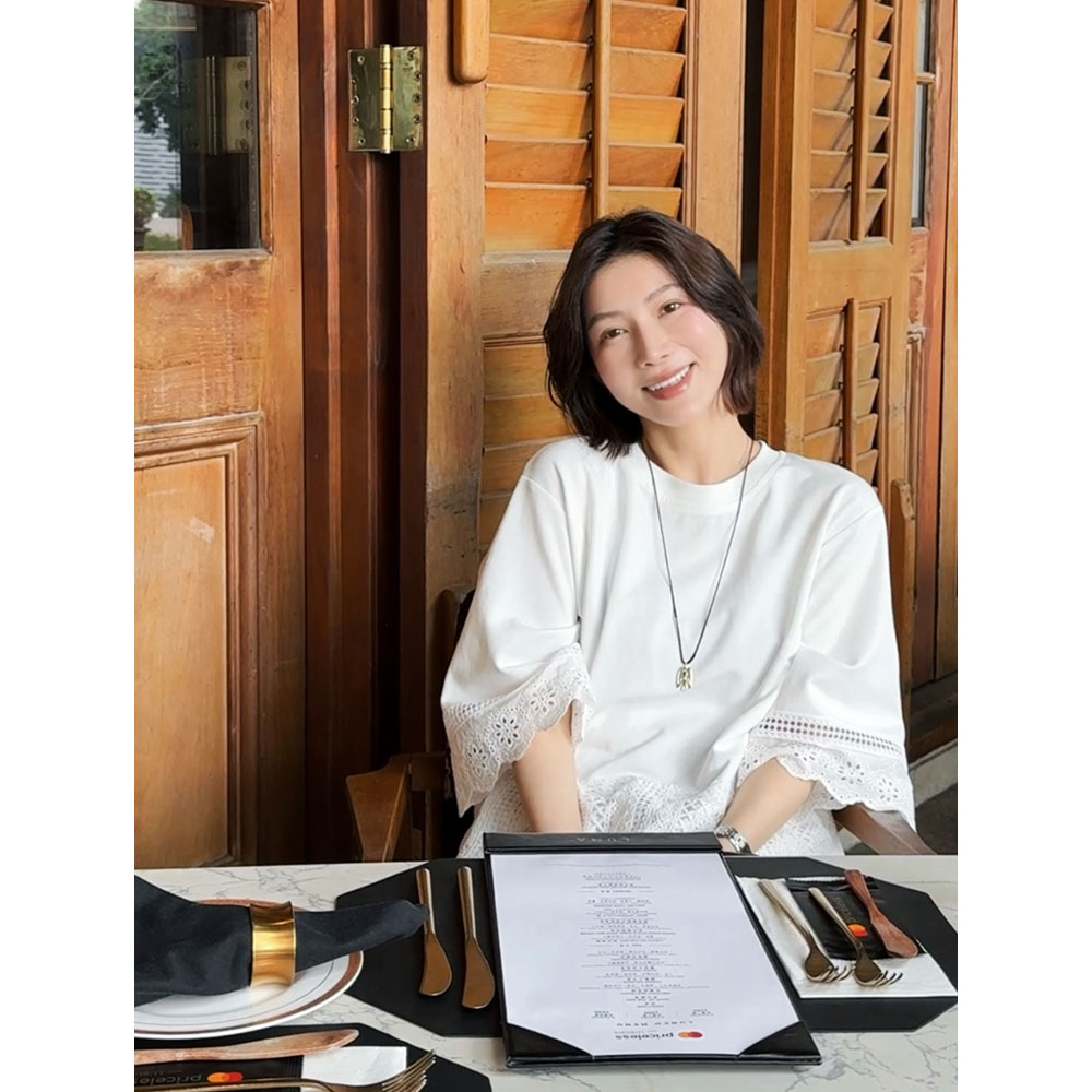 重工蕾丝绣花拼接休闲五分袖t恤