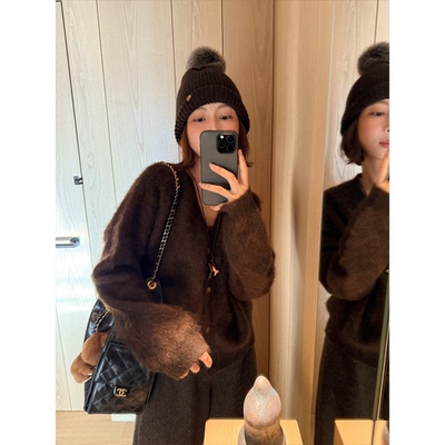 牛绒拉毛V领开衫女针织毛衣