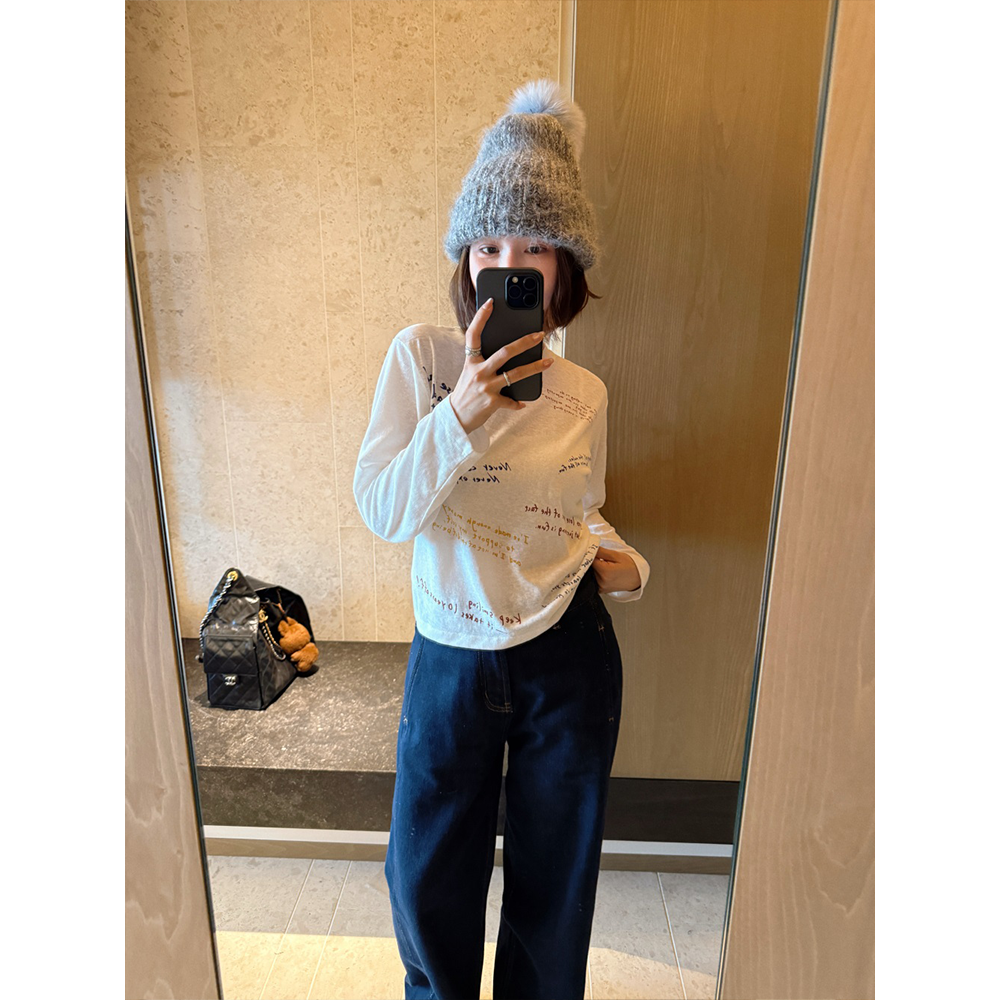 水性字母印花圆领长袖上衣打底衫