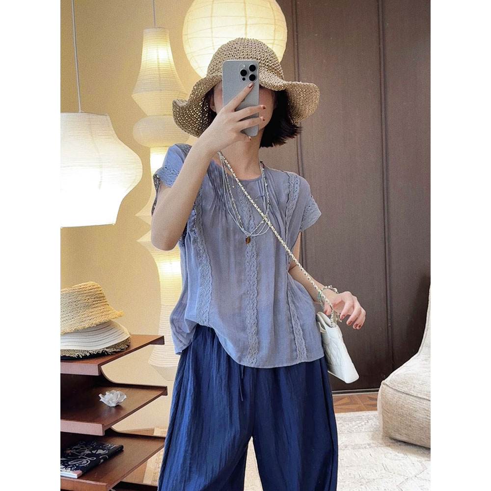 蕾丝拼接天丝苎麻小飞袖圆领短袖