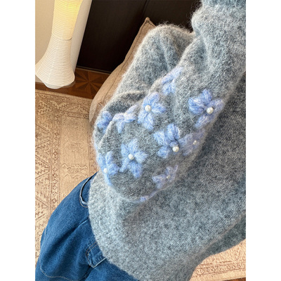 绵羊毛手工立体钩花钉珠套头毛衣