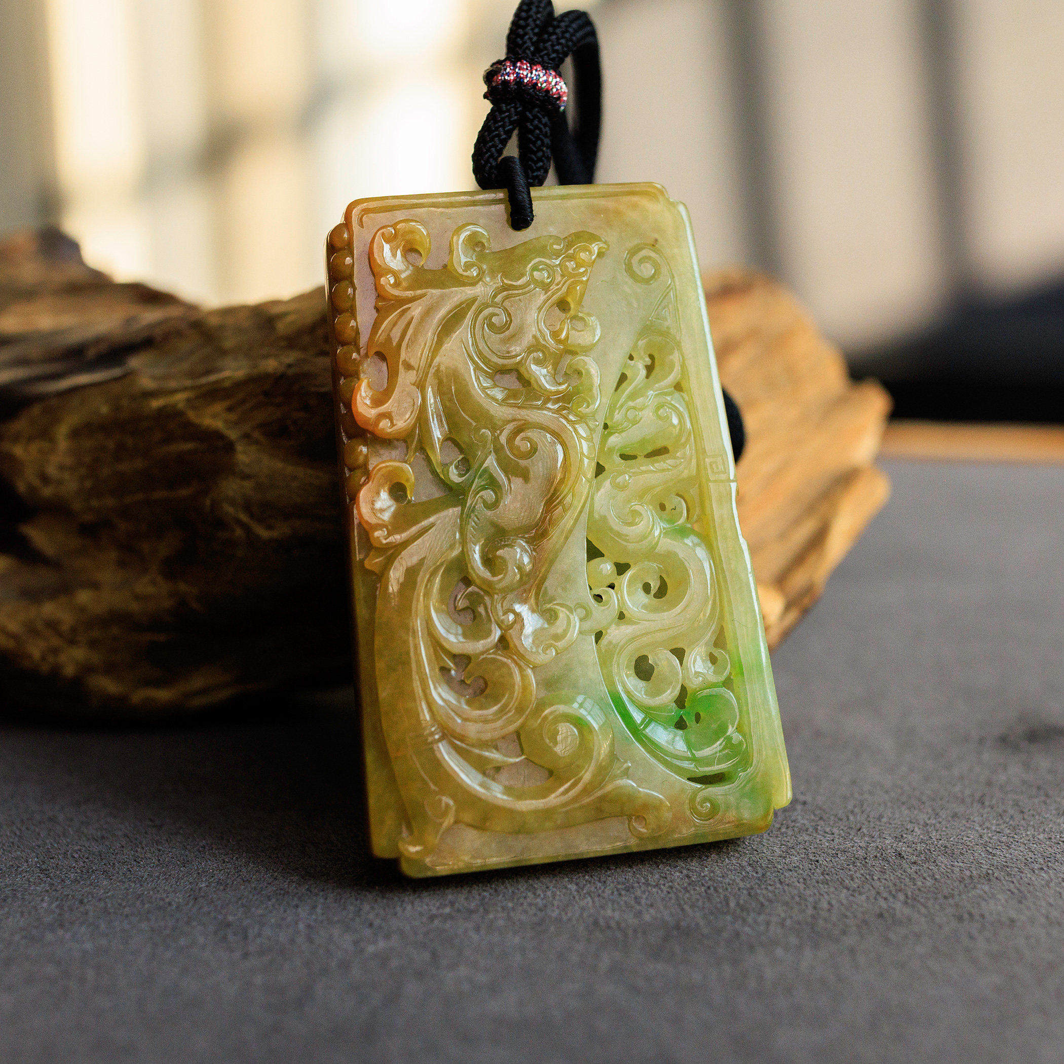 天然翡翠 a货 吊坠 挂件仿古龙凤牌 黄翡 冰种