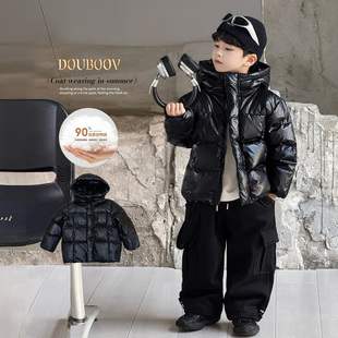 儿童羽绒服男童短款黑色90%白鸭绒连帽面包服亲子装保暖冬季外套