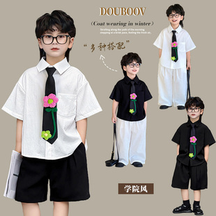 男童夏季衬衫2025新款儿童韩版宽松薄款宝宝百搭黑白短袖棉衬衣潮