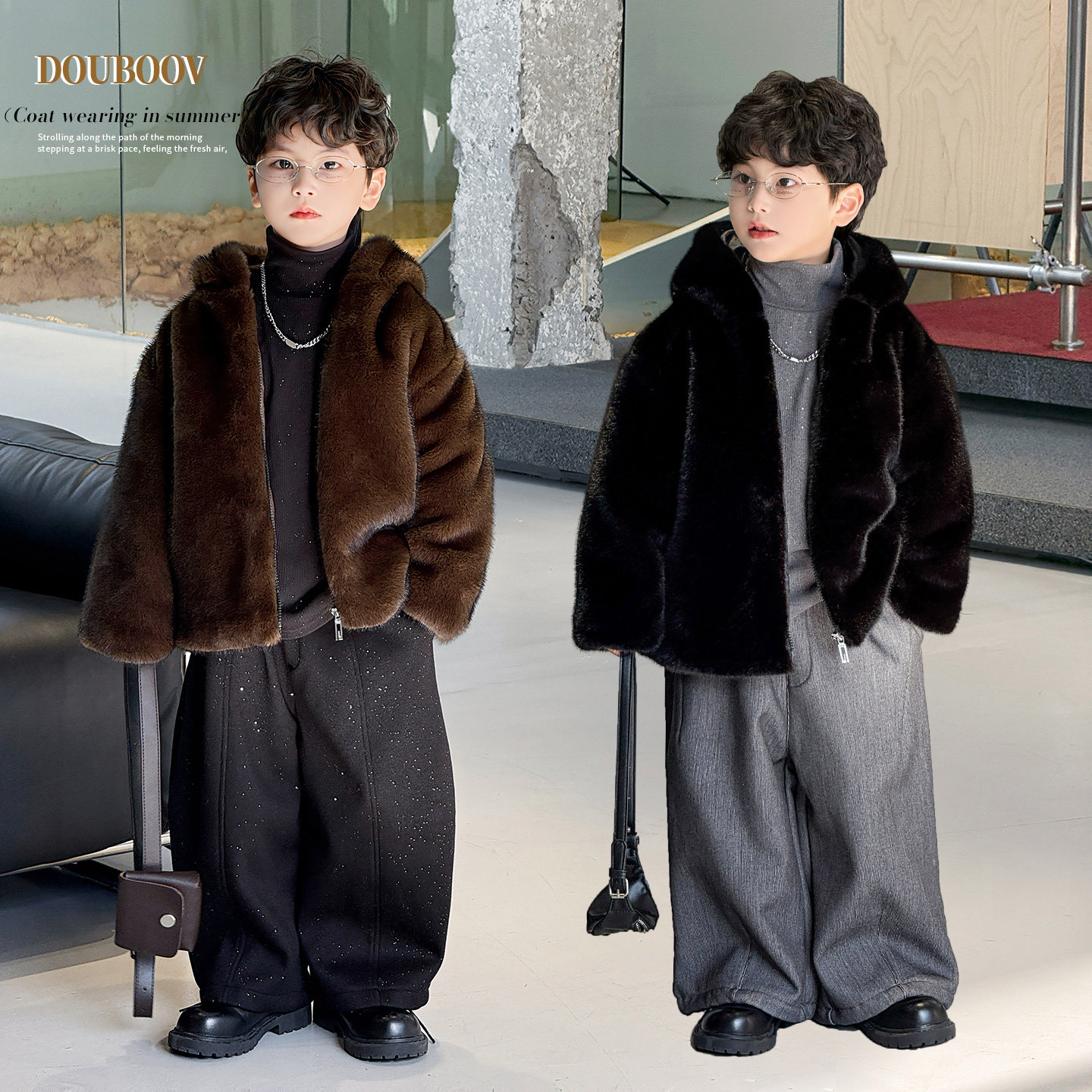 儿童冬季皮草外套2025新款男童纯色仿水貂带帽外套加厚净色皮草潮